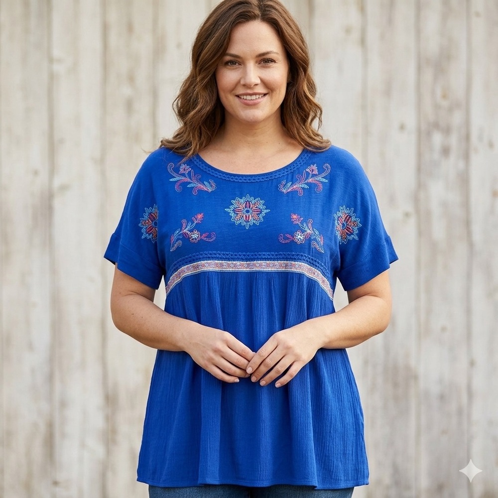 Westbound Royal Blue Floral Embroidered Short Sleeve Blouse Large